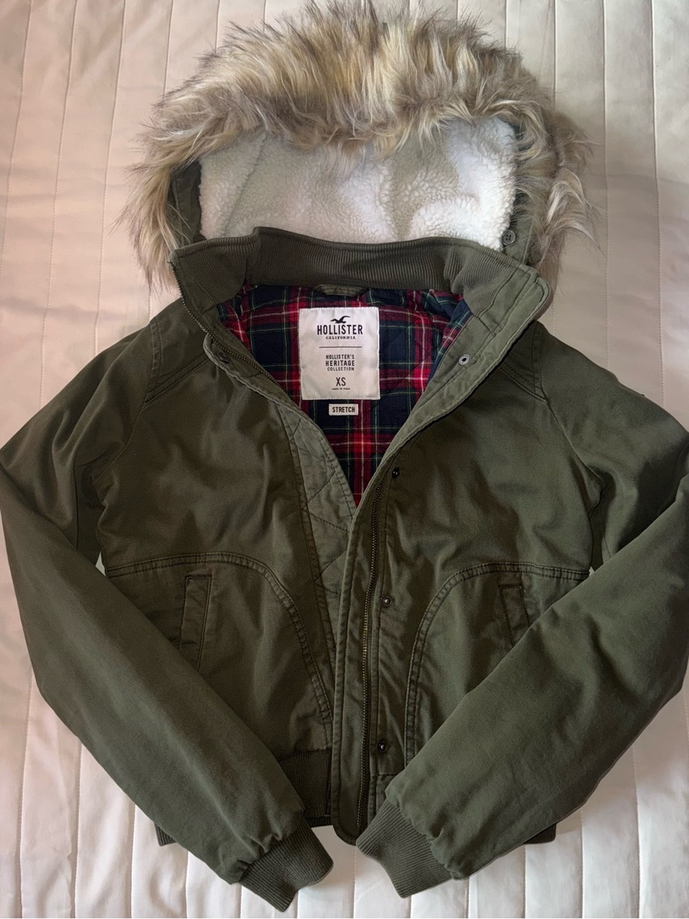 Hollister Olive Green Fur-Trim Hooded Jacket XS